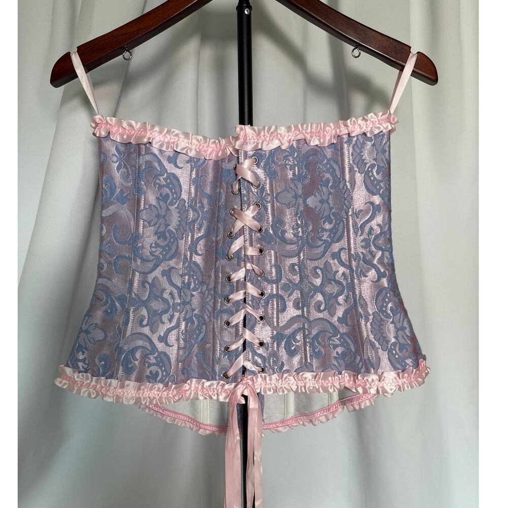 Overbust Corset Blue & Pink Iridescent Brocade Ren Faire Cosplay Size Large - Picture 5 of 7